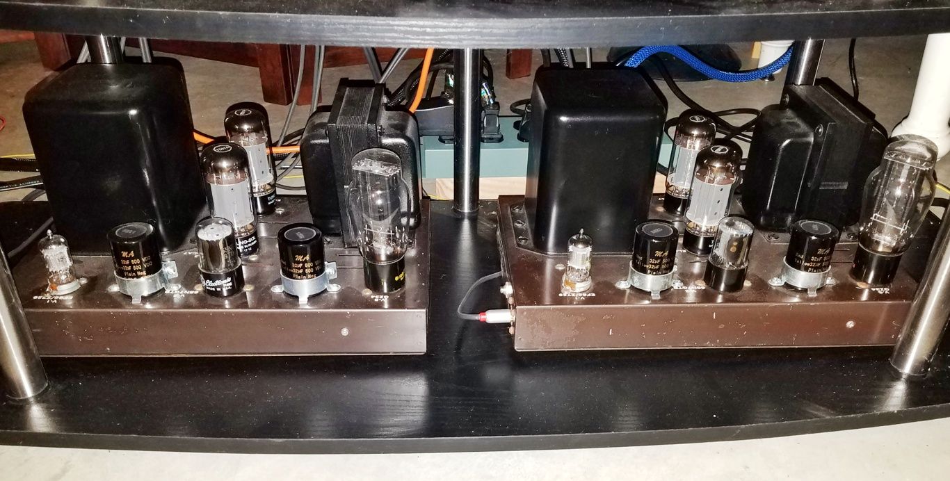 System 2: Refurbed 1960s tube amps with solid core silver speaker cables