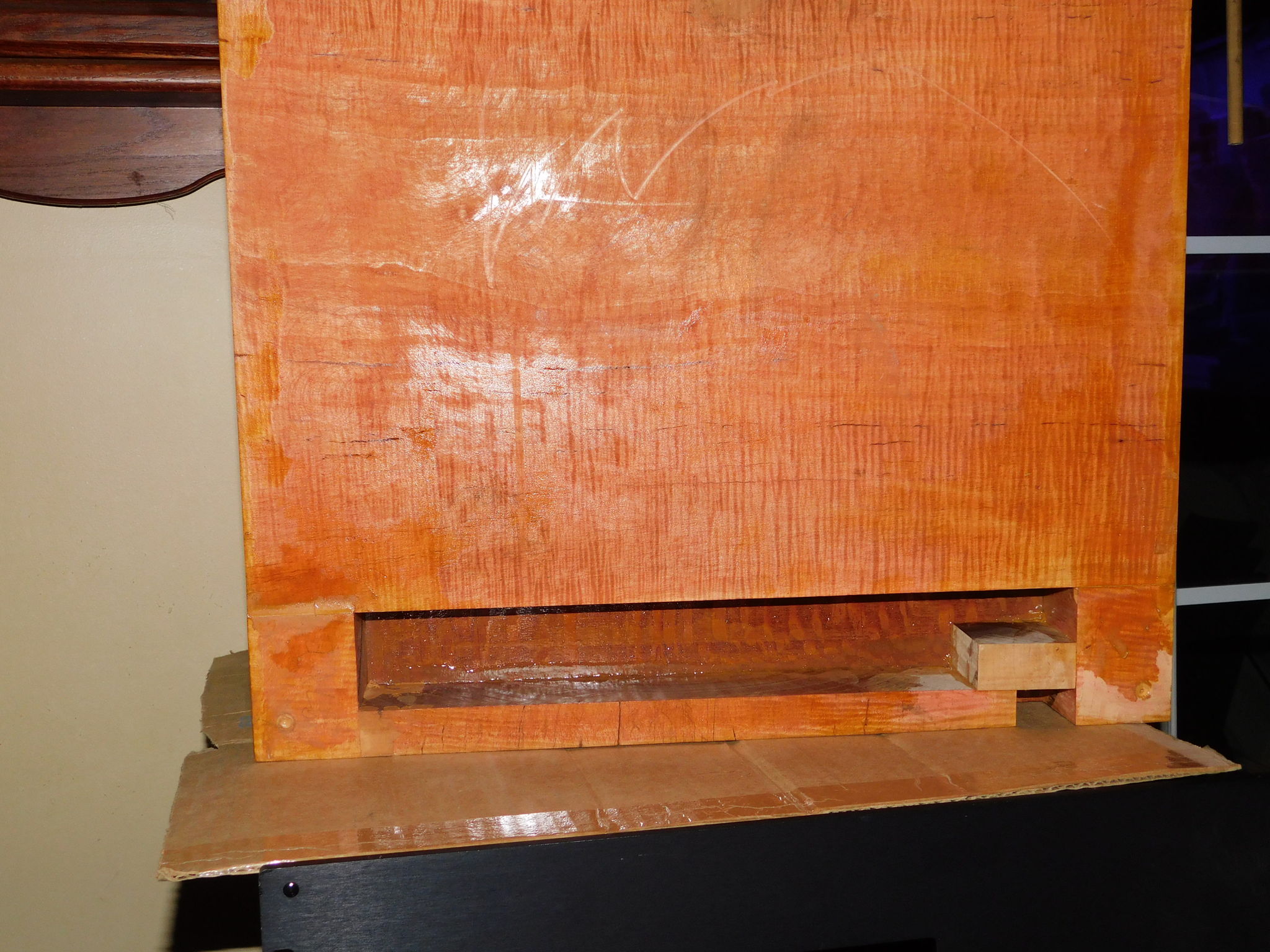 Leopardwood topped isolation plinth. Showing what shall become the easily accessible/tuneable, void for sand/shot.