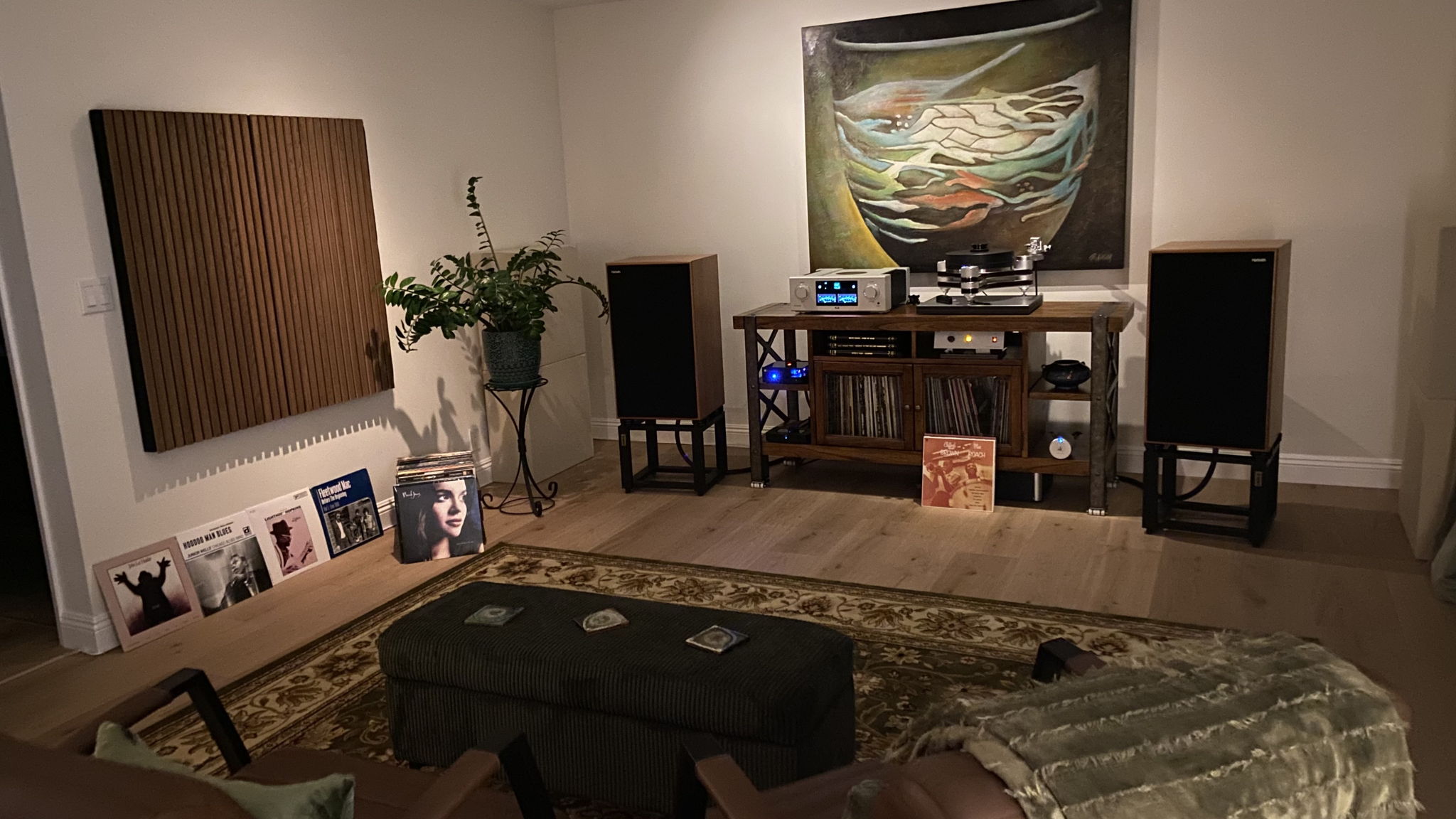 Space is 14x14x8ft, no rear wall, open plan living area behind the listening position w/vaulted ceiling 11ft peak