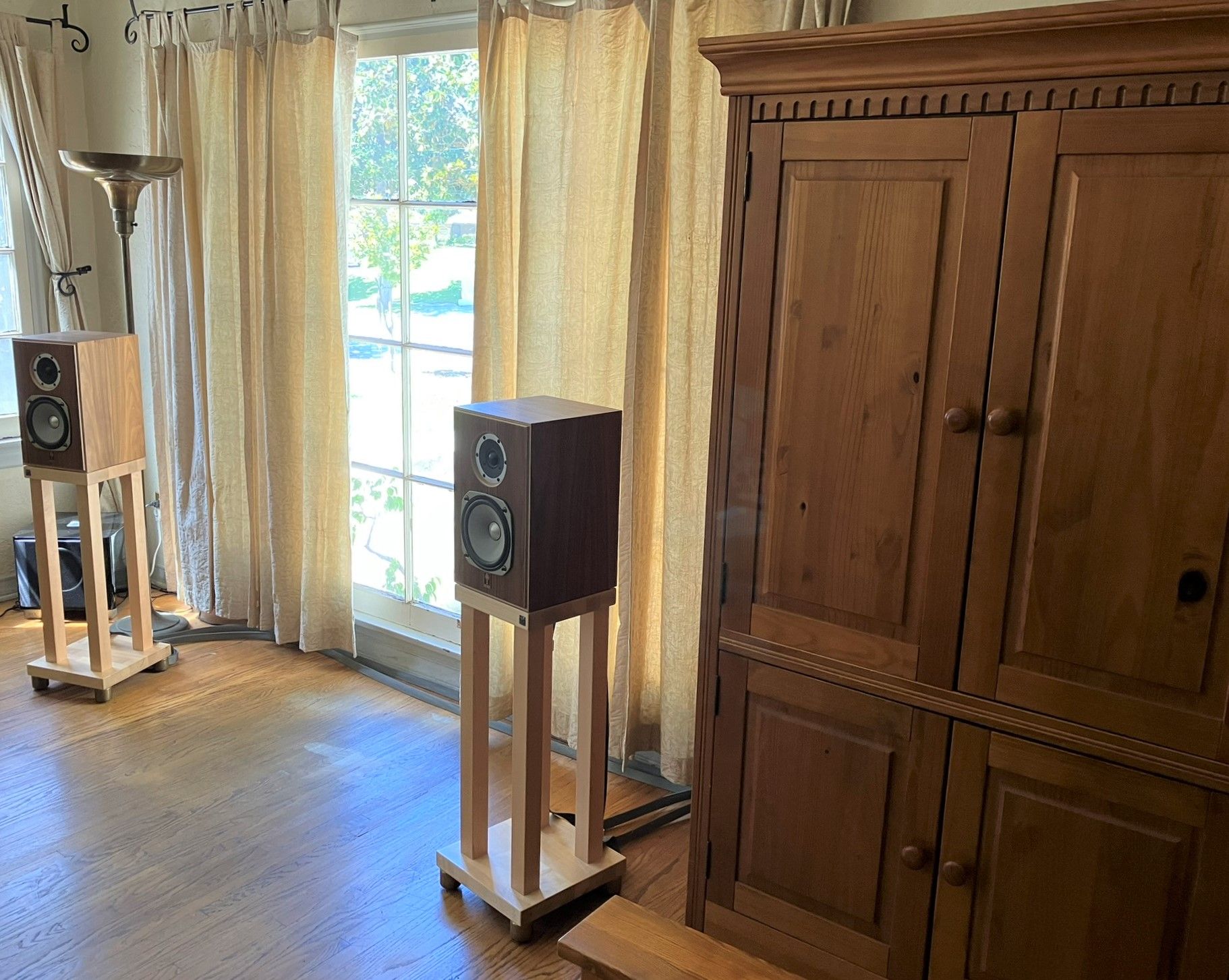 Speakers, subwoofer, and component cabinet in the living room.