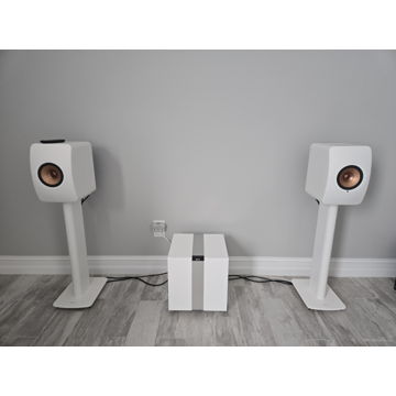 KEF LS50w2 speakers with stands and subwoofer