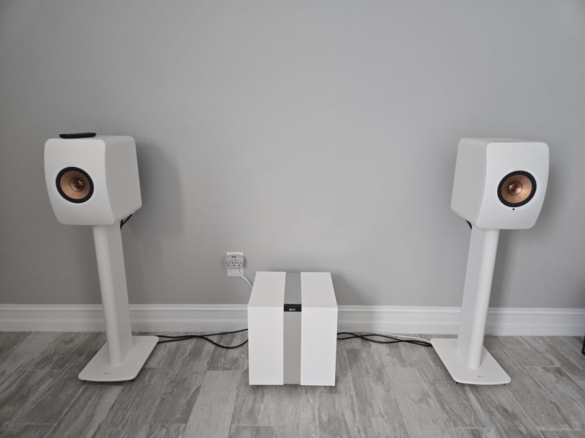 KEF LS50w2 speakers with stands and subwoofer
