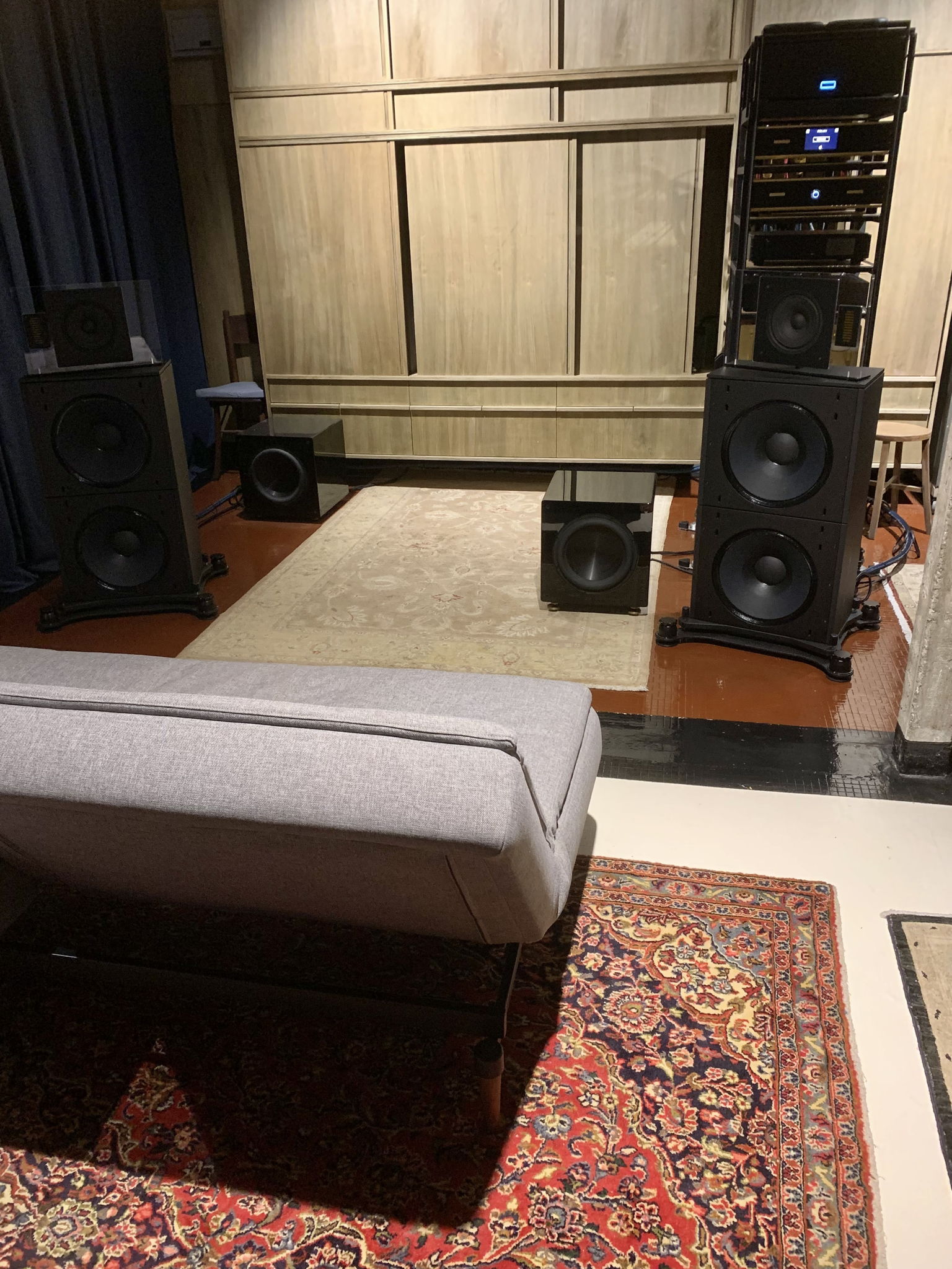 WVL Chicago set up - same location as the SON, but with listening position set three inches back, with less toe-in for the lower bass modules, and with the midrange/AMT module angled to point directly at the listening position.