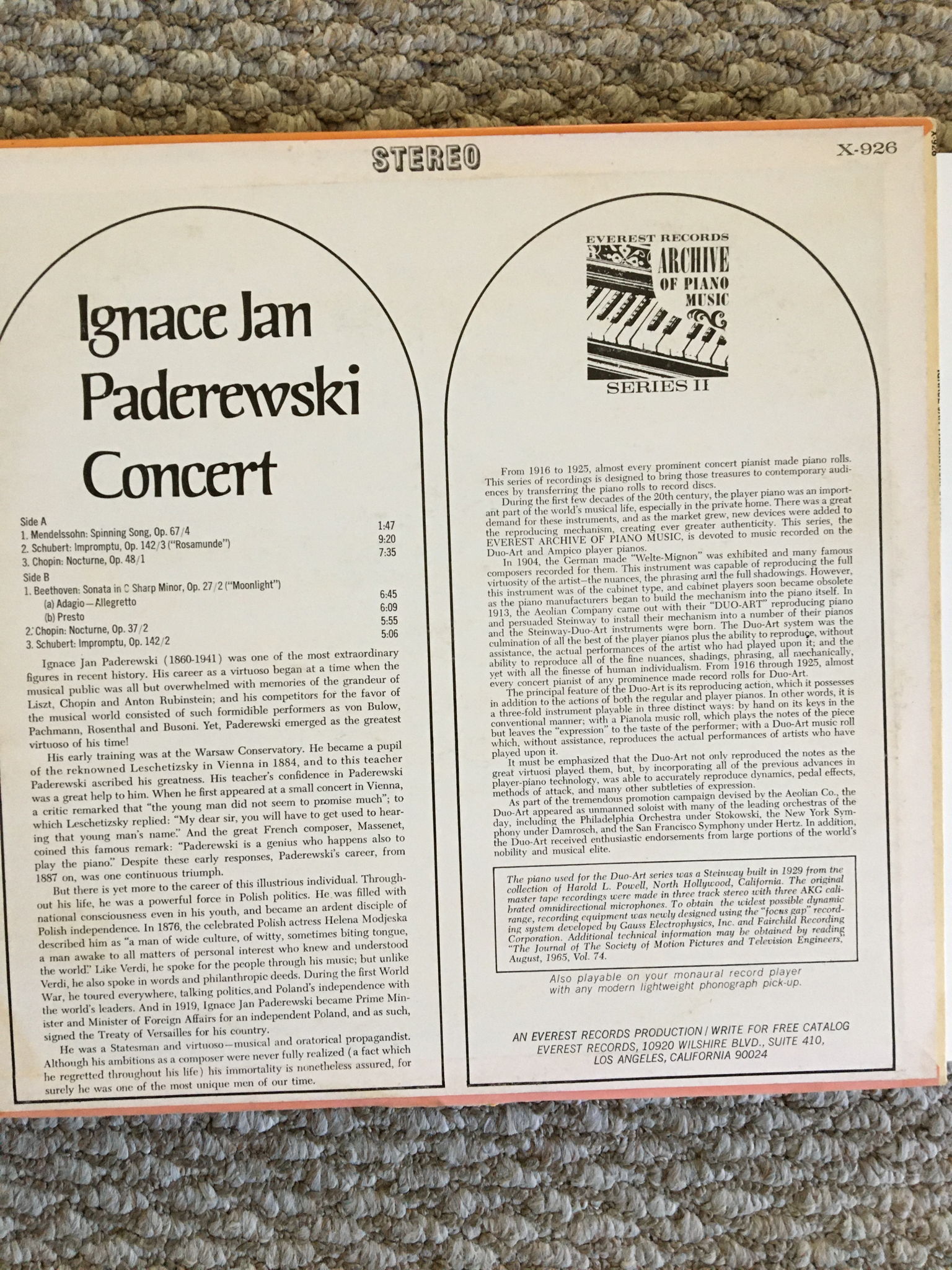 Ignace Jan Paderewski concert Lp Record Everest  Chopin... 5
