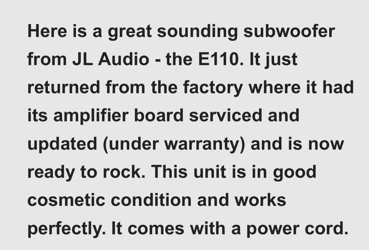 JL Audio E110 Black Ash New 'Open Boxes" set available. 4
