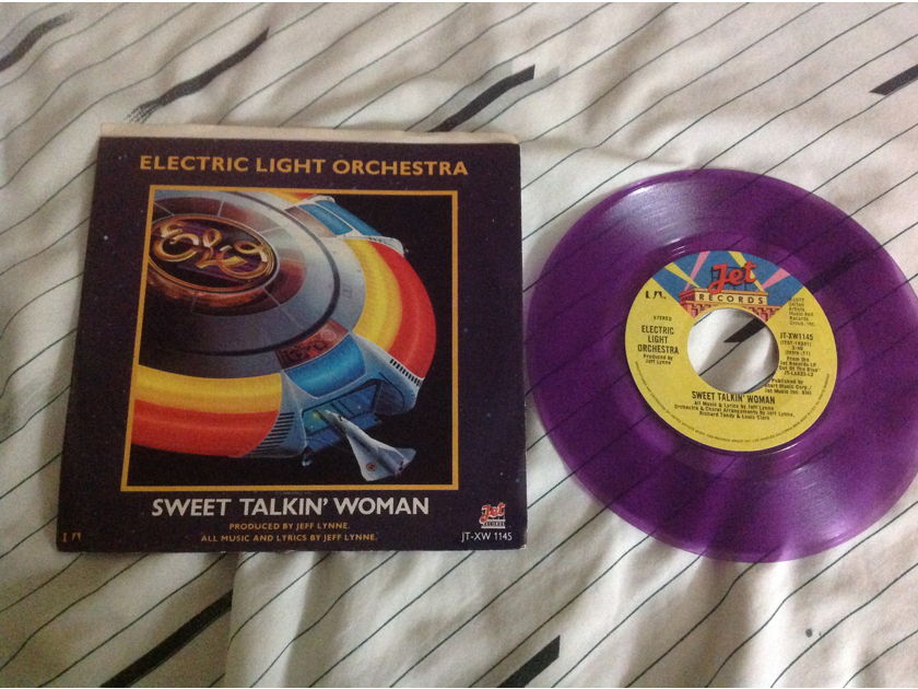 ELO Sweet Talkin' Woman/Fire On High Purple Vinyl 45 With Picture Sleeve