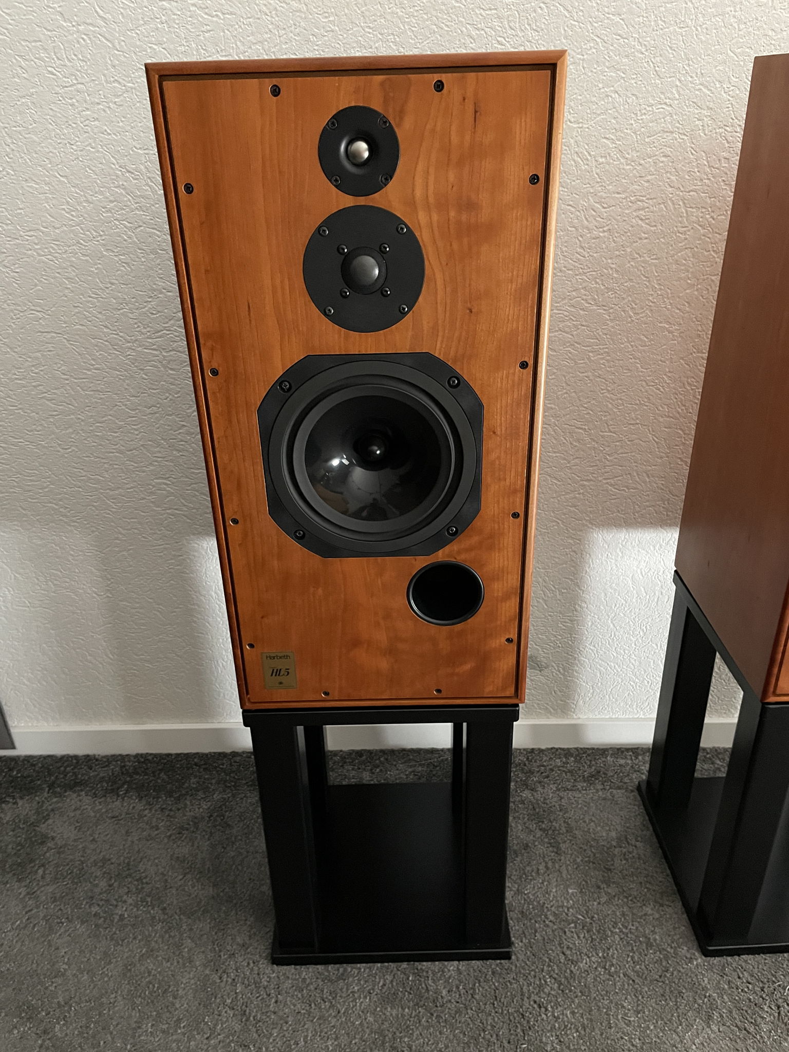 Harbeth Super HL5 speakers in cherry with stands 4