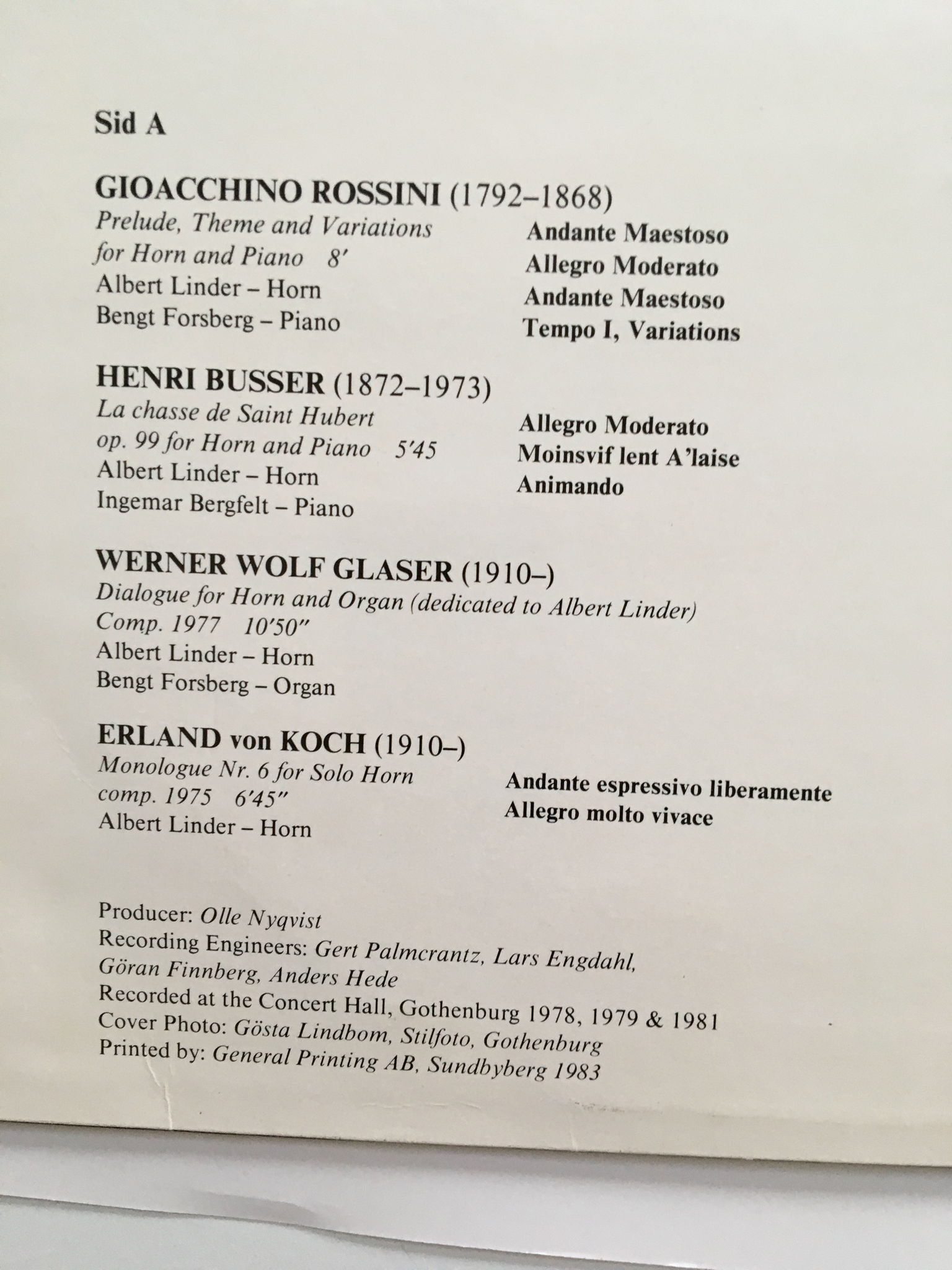 Albert Linder Horn Lp record Sweden 1983 Rossini Busser... 3