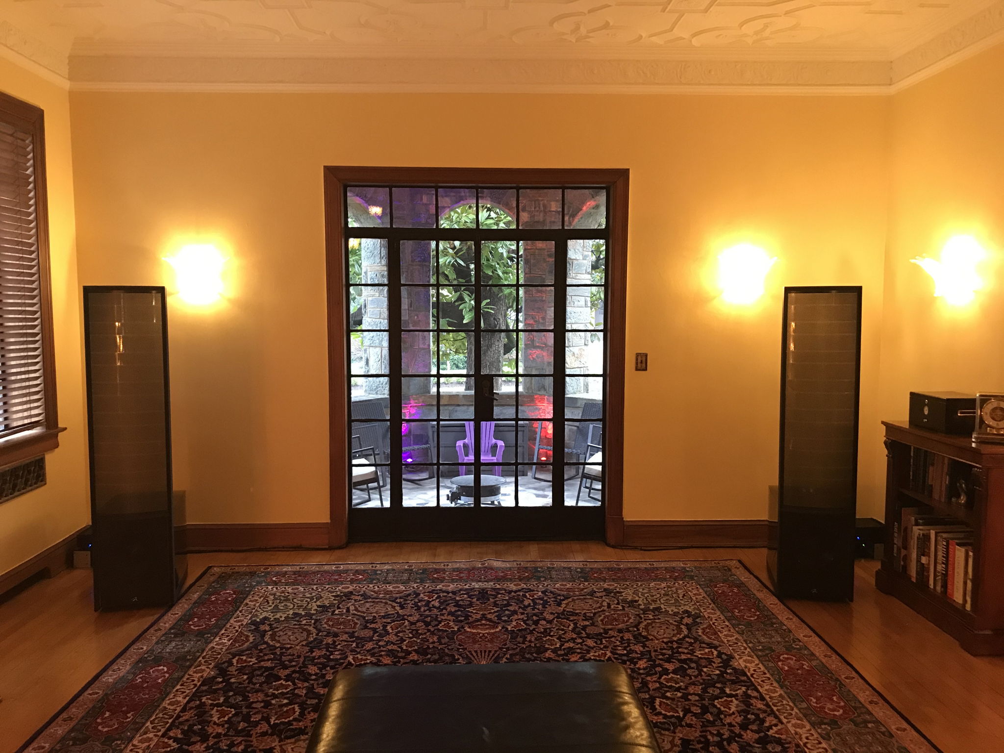 Martin Logan Renaissance ESL 15A speakers. The 11' ceiling helps.