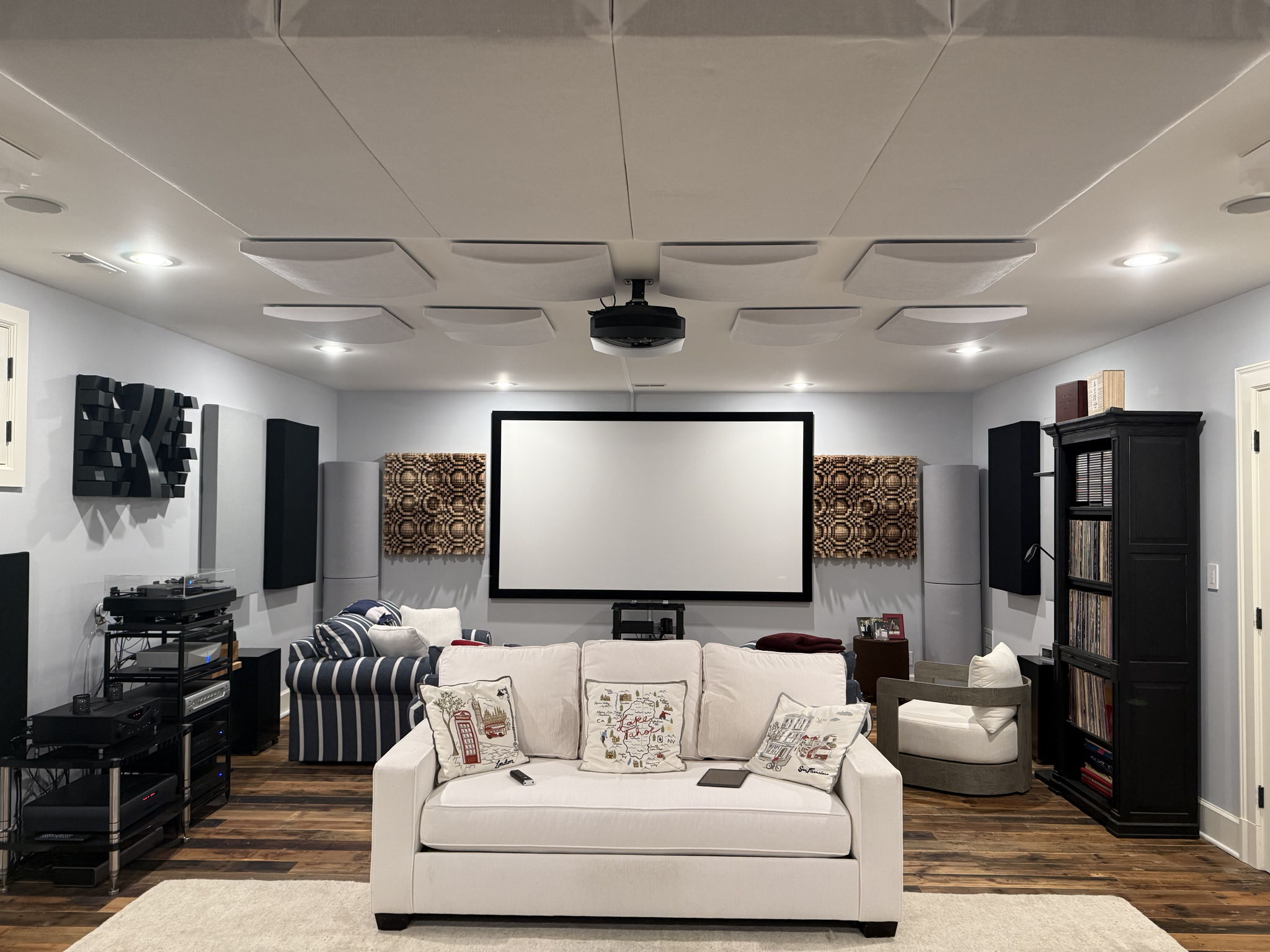 Sony VPL-HW45 Projector, 120 inch acoustically transparent screen, Boston Acoustics in-wall LCR and ceiling speakers