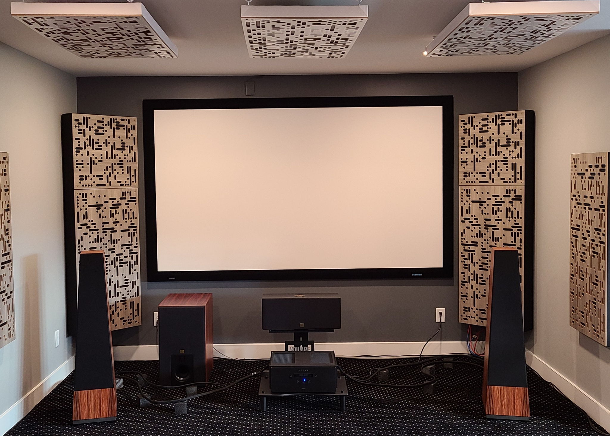 Aerial Sub and Center channel for home theater. Stewart 130 screen