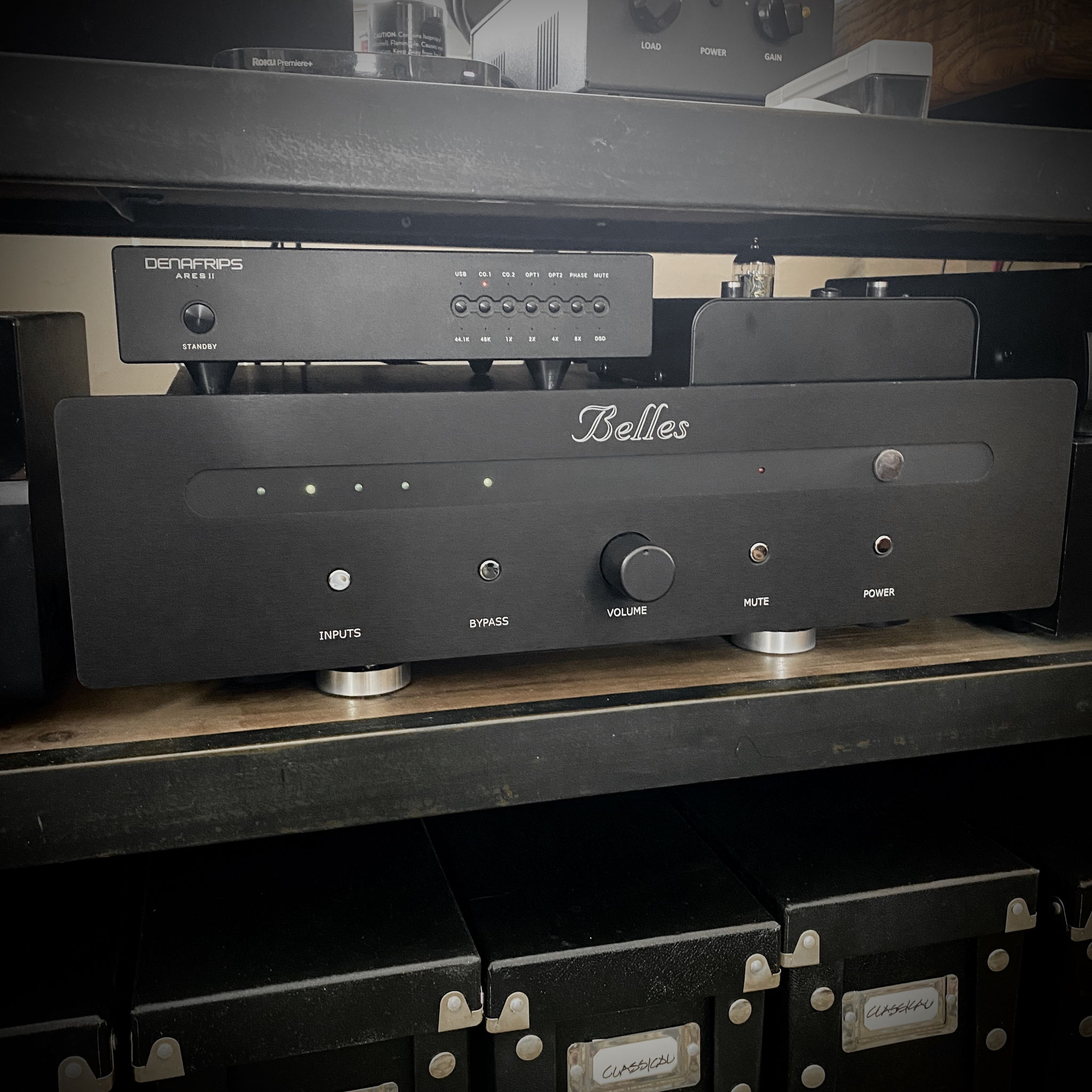 Belles Aria Signature preamp on Nobsound springs, Denafrips Ares II & Bellari headphone amp