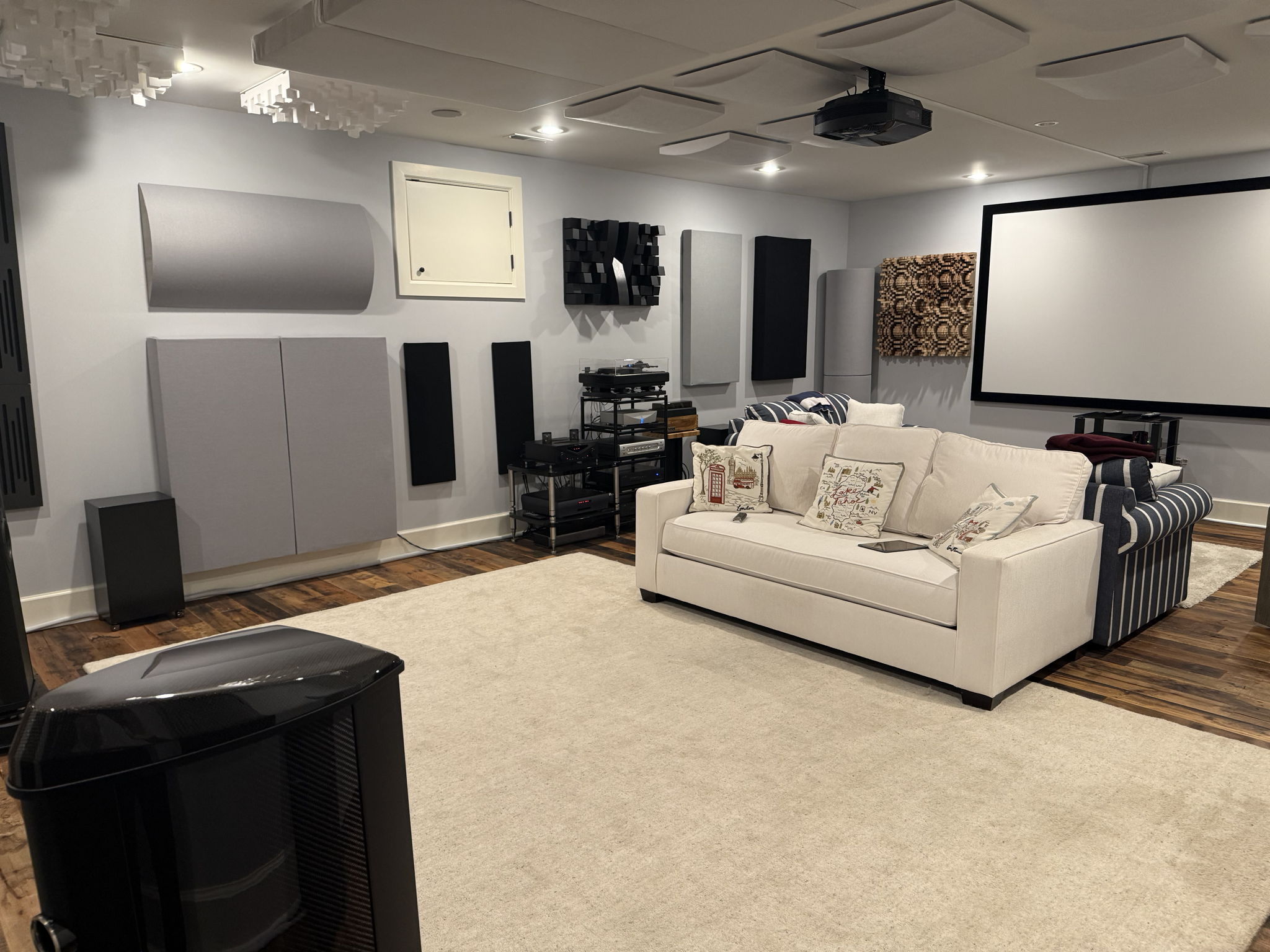 Absorption at first reflection points on side walls, ceiling, and floor