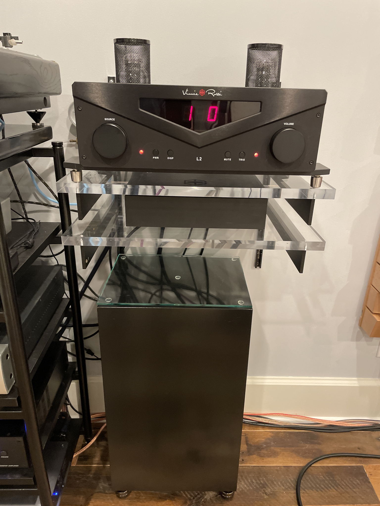 Vinnie Rossi L2 Signature DHT preamp with Takatsuki 300Bs and DAC module, Roon Nucleus Plus and one of four Swarm subs 