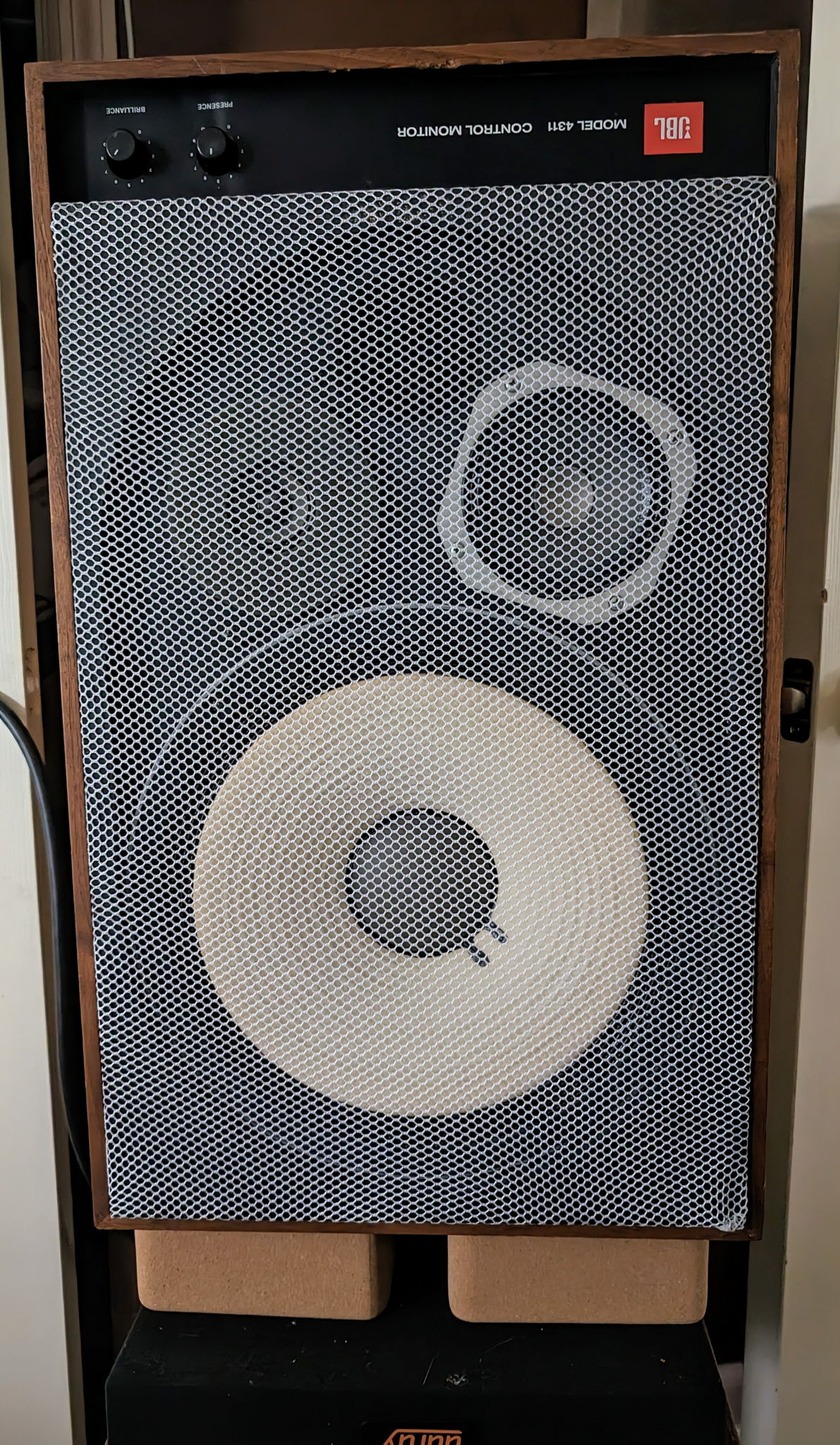 JBL 4311wxa control monitors with my DIY grill fabric. 