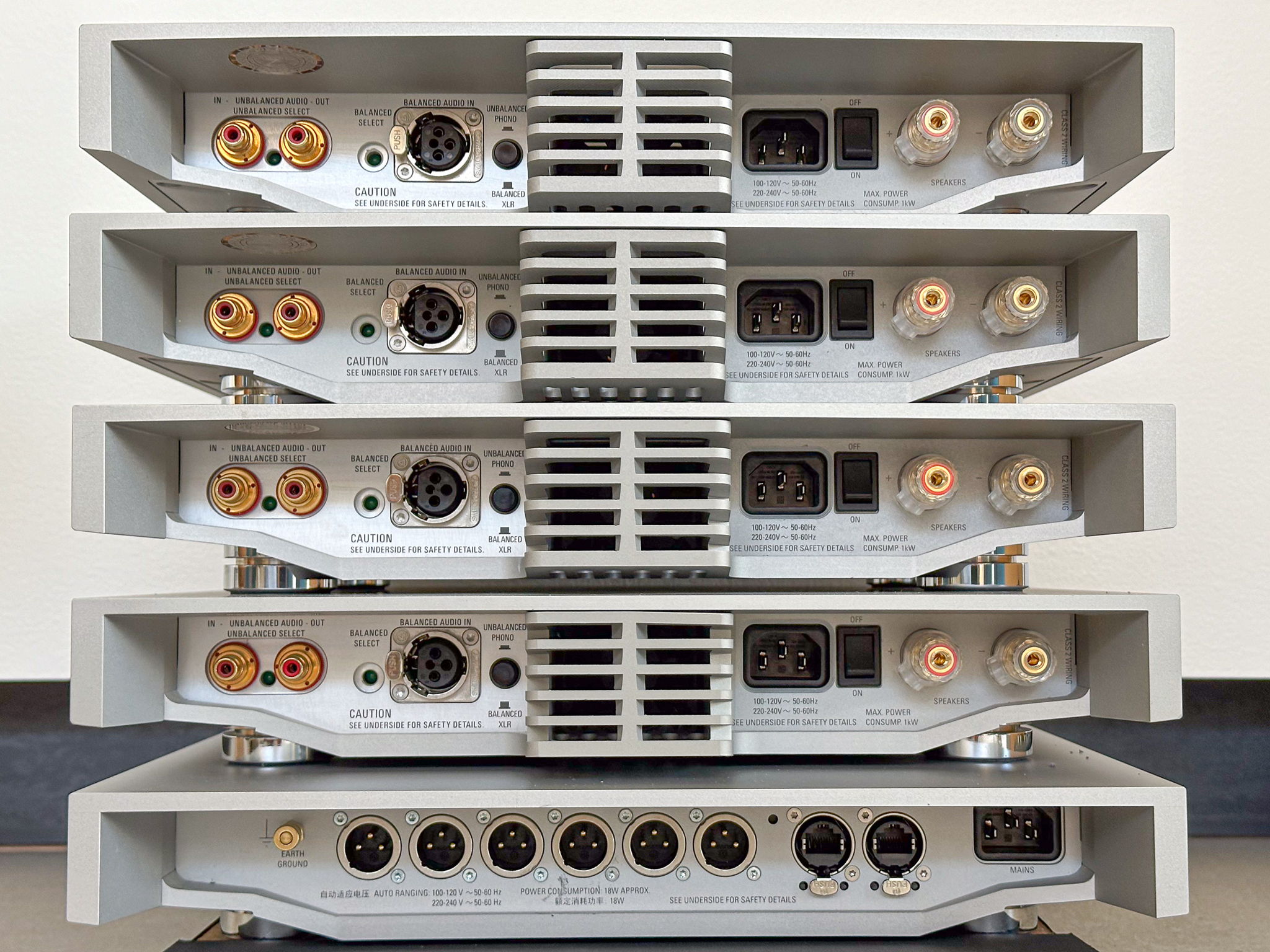 Here is a rear view of the stack. The system uses balanced XLR connectors from the Exaktbox (at the bottom) to each of the amplifiers. 