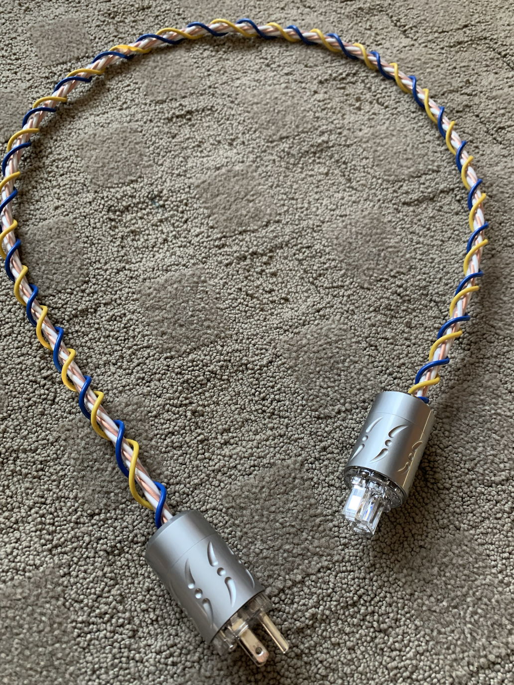 Prototype Helix power cord.  Old VenHaus quad wire.   I believe 9awg.  Helix wrap with dual 13awg OFC for ground.  