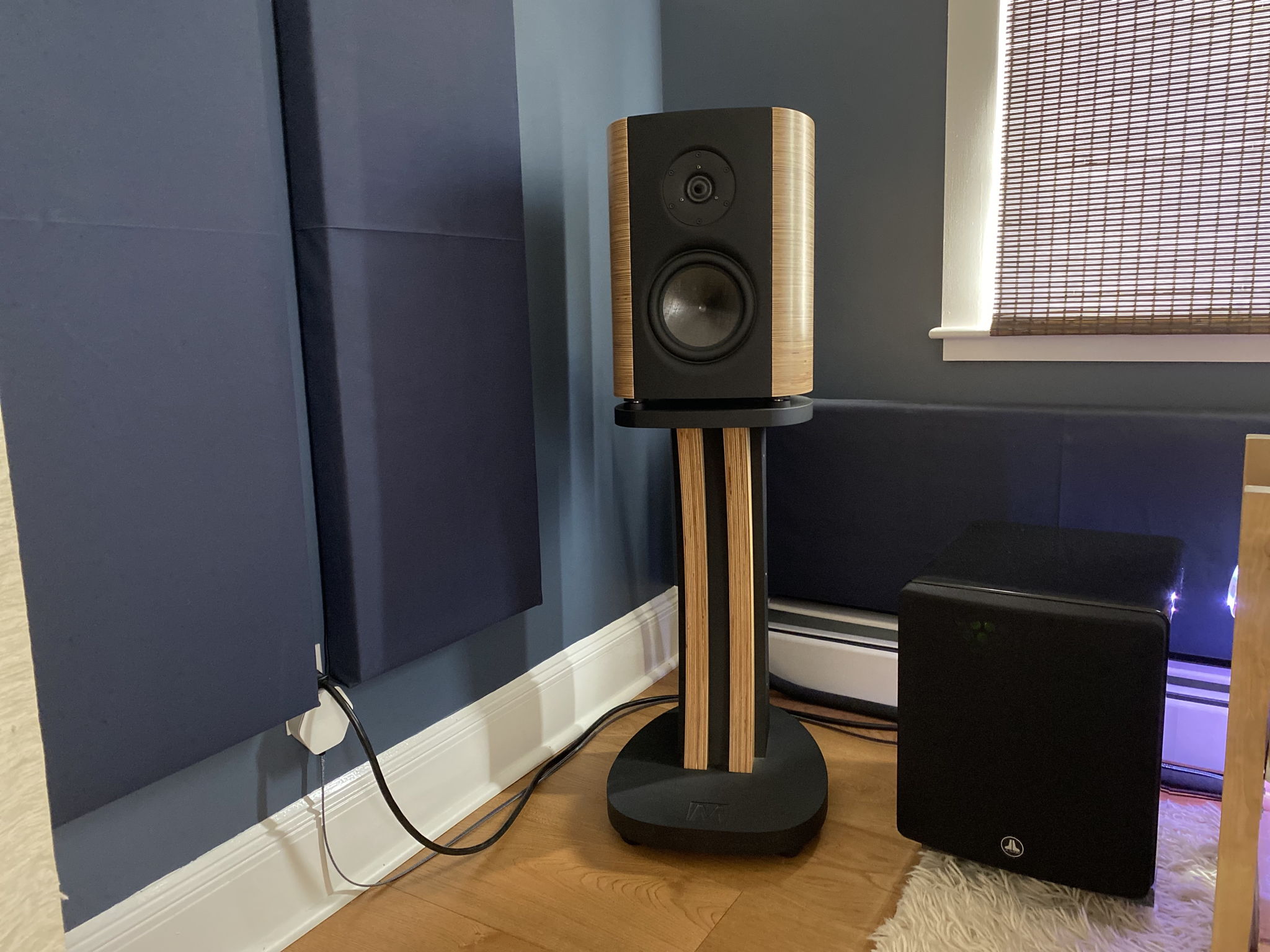 Rockwool-filled sound panels at first reflection points. Been considering sound diffusion behind the speakers and on the ceiling. 