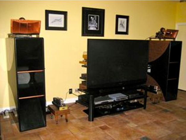 The pair flanking the TV in home setting. Cabinets for the hi-frequency horns are part of the package.