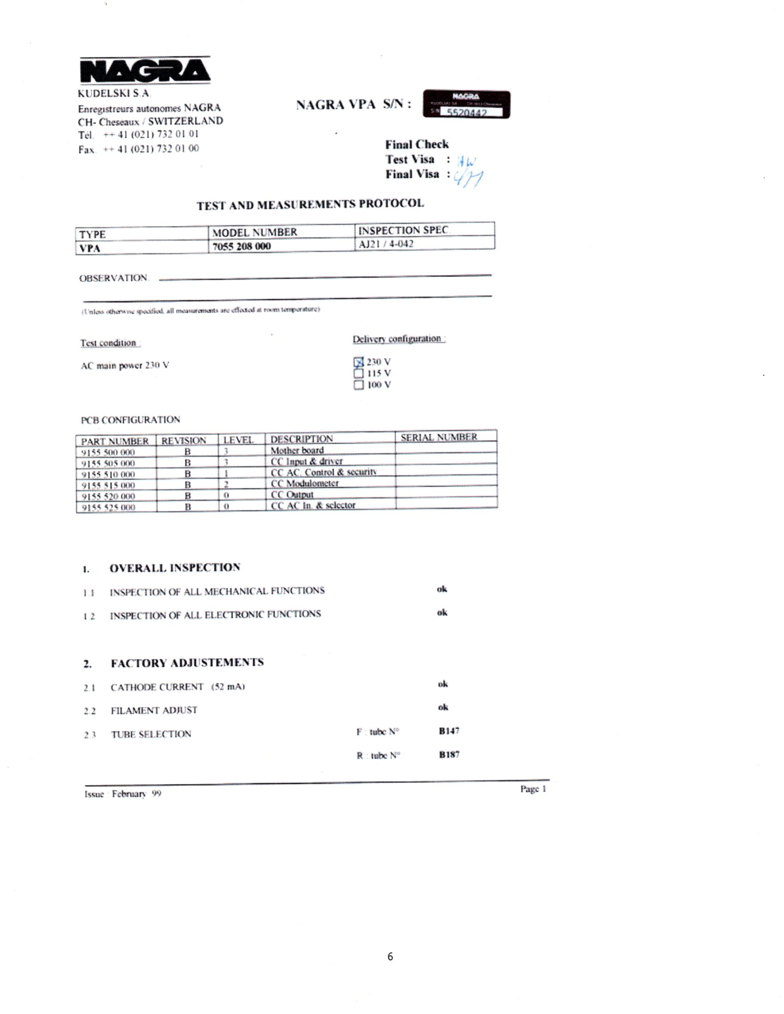 Nagra Switzerland VPA S/N 5520442 Page 1