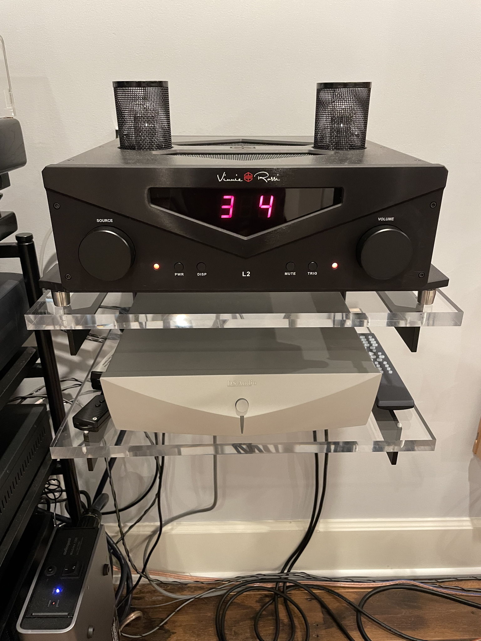 Vinnie Rossi L2 Signature DHT preamp with Takatsuki 300Bs, DS Audio S003 Equalizer, Rakks Wall System/acrylic shelves (Messy wires courtesy of almost finalized sub positions)