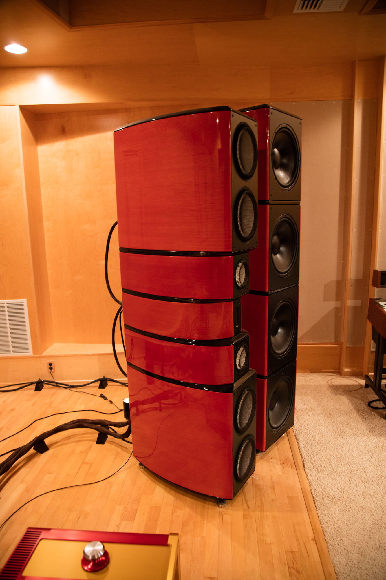 84" tall, 575 pound main towers and 87" tall, 600 pound bass towers.