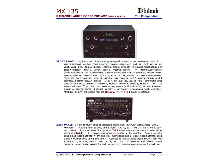 McIntosh MX-135 Pre-Amp/Processor (A/V Control Center) FULLY TESTED