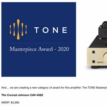 Conrad Johnson CAV-45-s2 “Winner of TONE Audio MASTERPI...