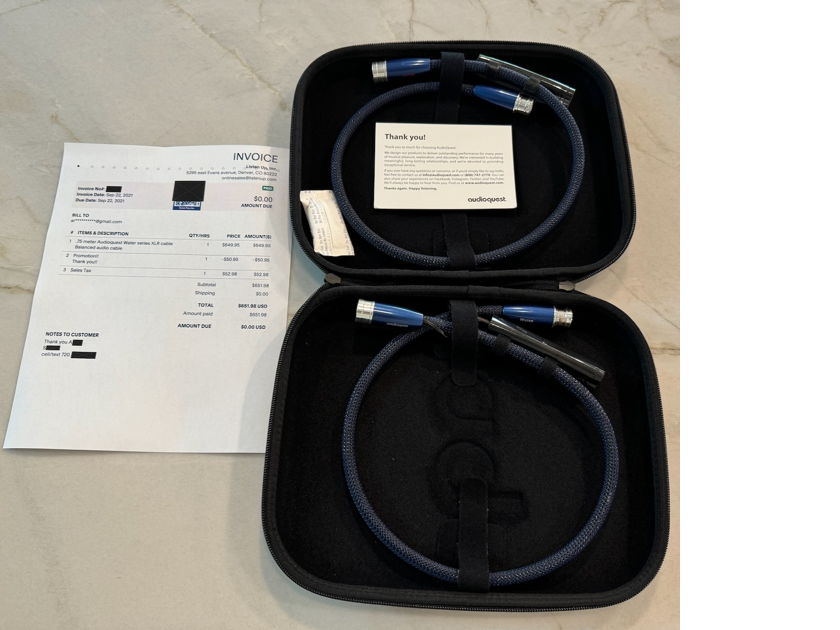 AudioQuest Water XLR interconnect pair .75M w/ dbs, box, receipt