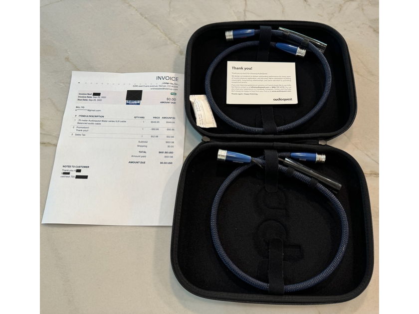AudioQuest Water XLR interconnect pair .75M w/ dbs, box, receipt
