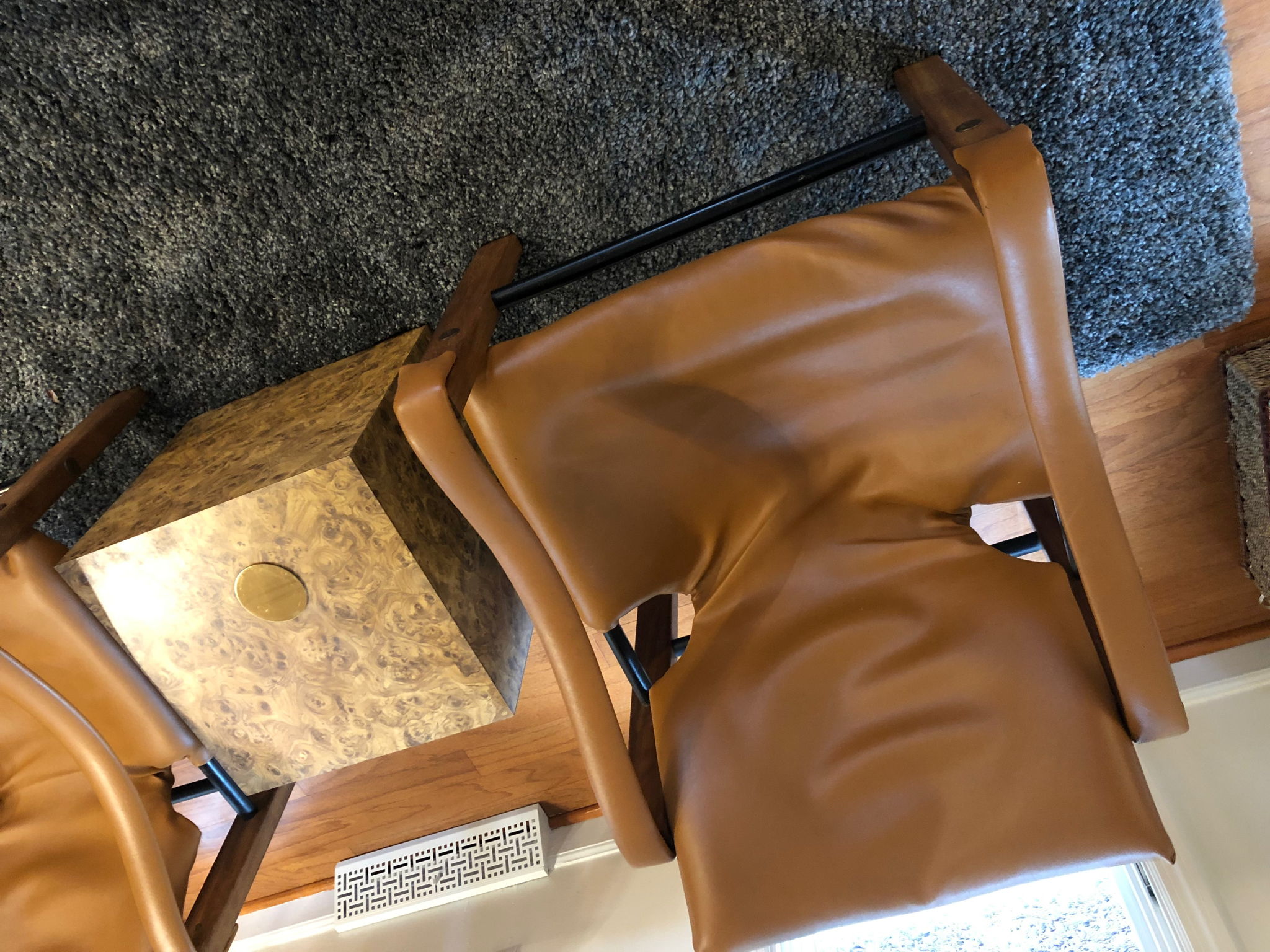 Aerial view of vintage "Bath chairs" and laminate side table