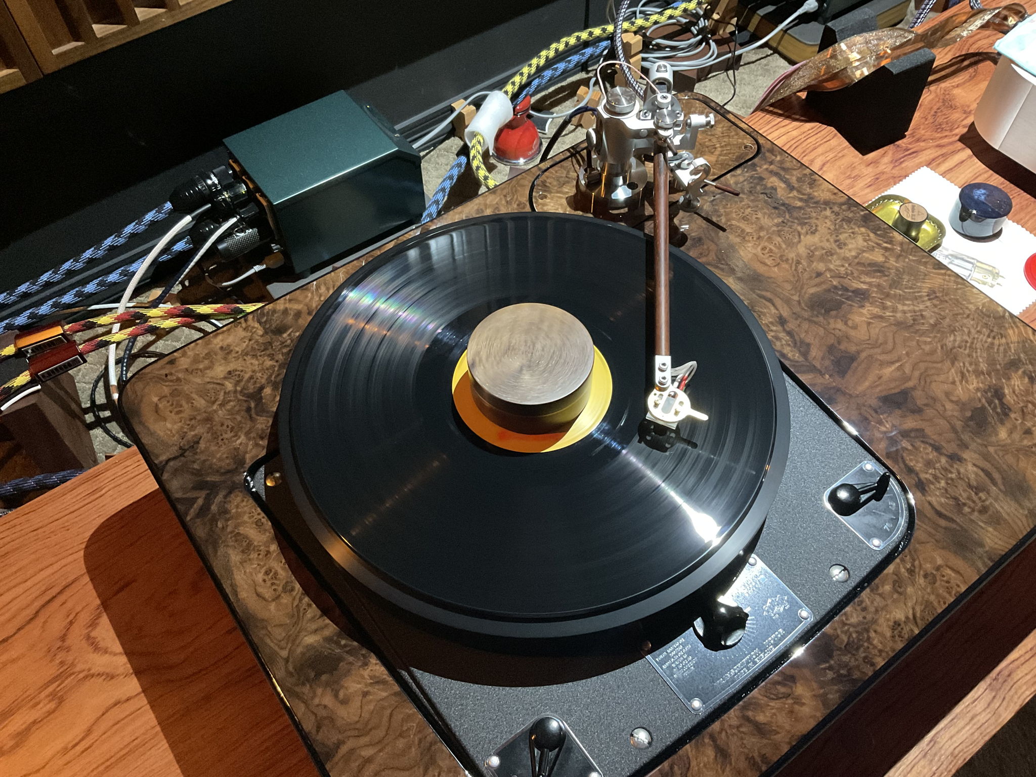 custom walnut and copper heavy-weight vinyl record stabilizer