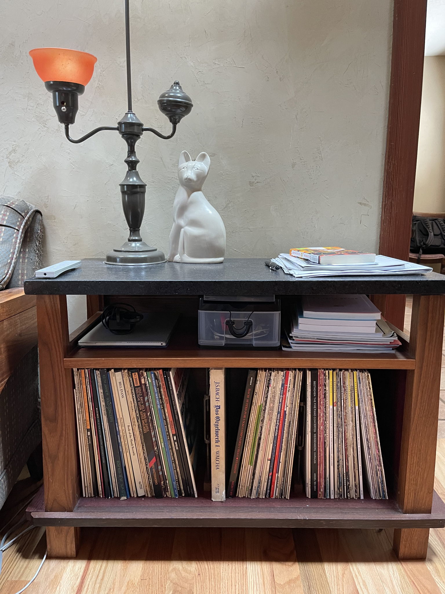DIY side cabinet with album storage Jazz, Bach, Beethoven, Brahms
