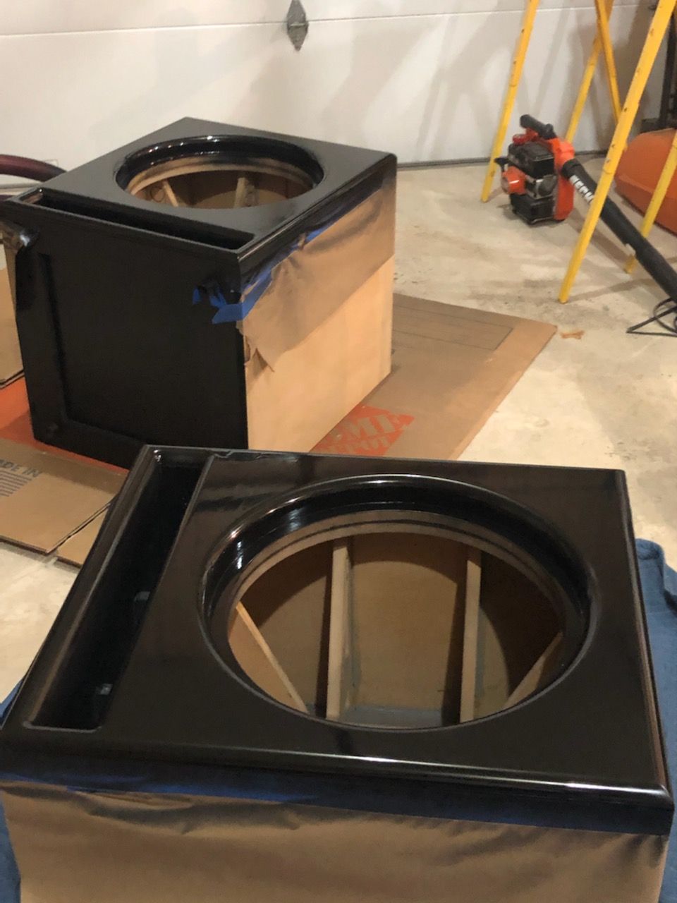 fronts with lots of sealer and finish coats of semi-gloss Rustoleum. Ready to put matt black Formica of the three sides, then mount subs.