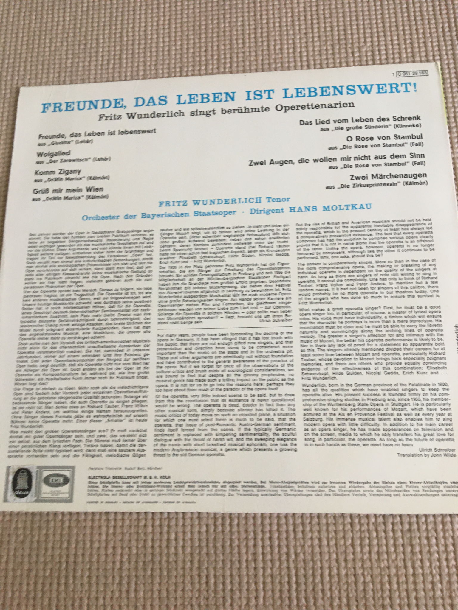 Fritz Wunderlich Lp record Odeon  In Beruhmten Operette... 4