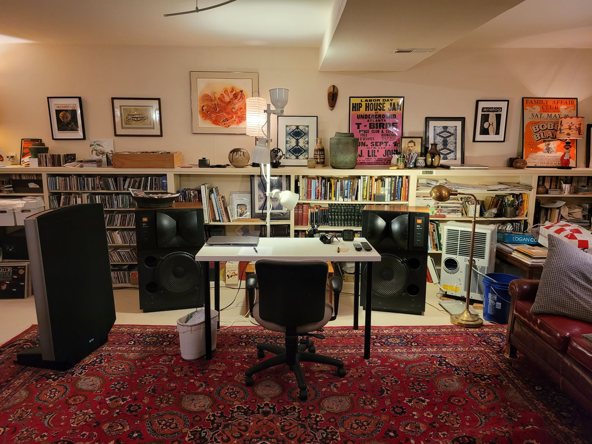 View of the JBLs and writing desk. One of the Quads is to the left.