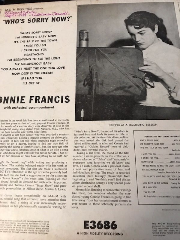 CONNIE FRANCIS LP, "WHO'S SORRY NOW" CONNIE FRANCIS LP,... 2