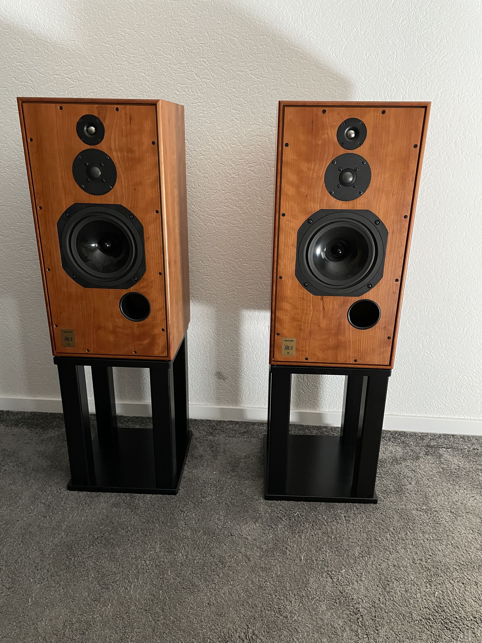 Harbeth Super HL5 speakers in cherry with stands 2