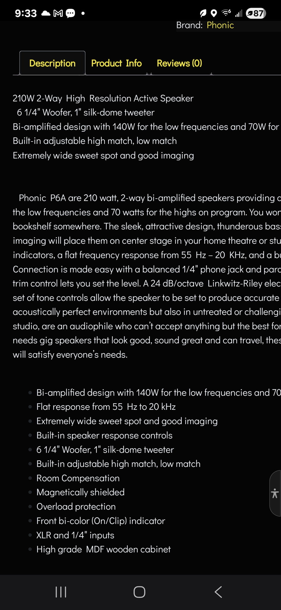 Phonic 6A Studio/Musicians/Monitor POWERED SPEAKERS Bra... 2