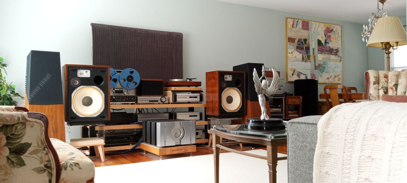 Added Teac Reel to Reel, Vintage JBL Lancer L55 Speakers on custom made maple & acrylic stands, with Mcintosh 1700 receiver.