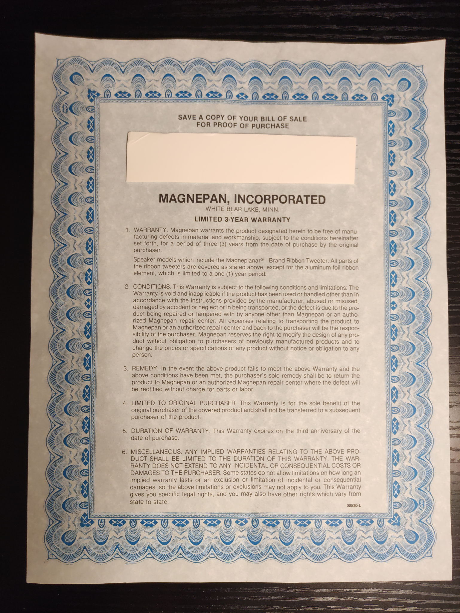 Old Warranty Certification for Magnepan MMG Speakers