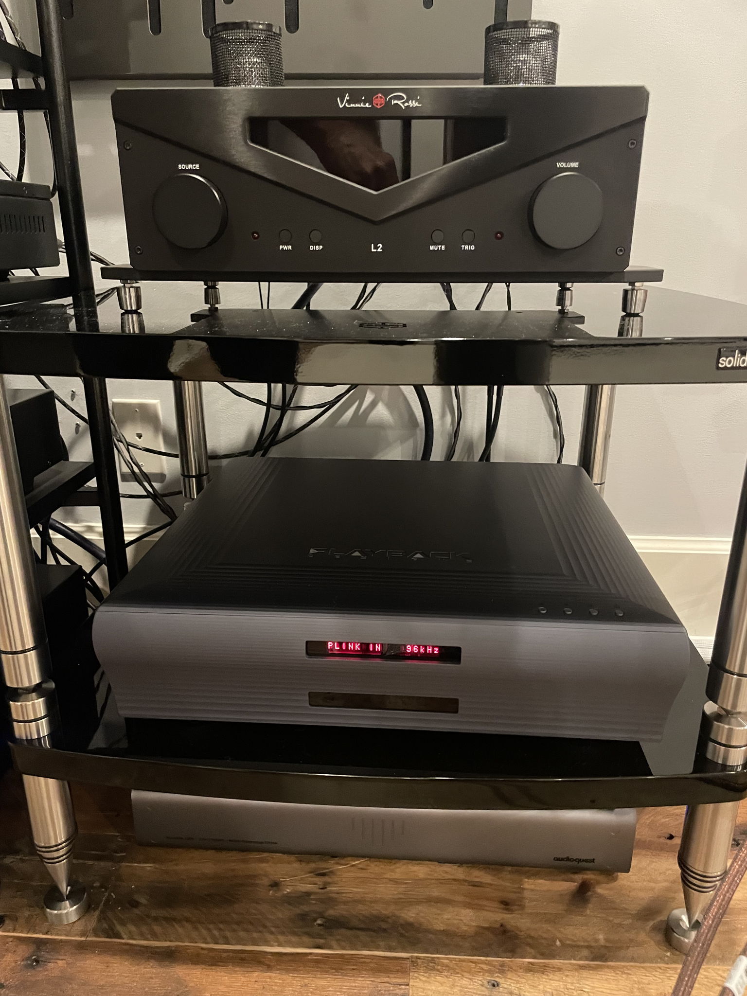 Vinnie Rossi L2 Signature DHT preamp with Takatsuki 300Bs, Playback Designs MPD-8 DAC, Audioquest Niagara 1200 Power Conditioner, SolidSteel HF-Series Rack