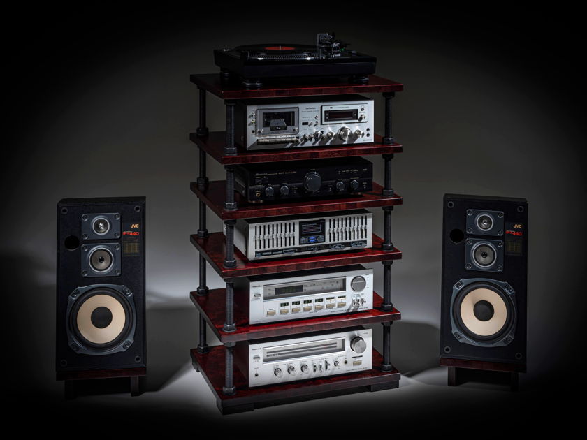 Handmade Audio rack with adjustable shelf height, black hardware