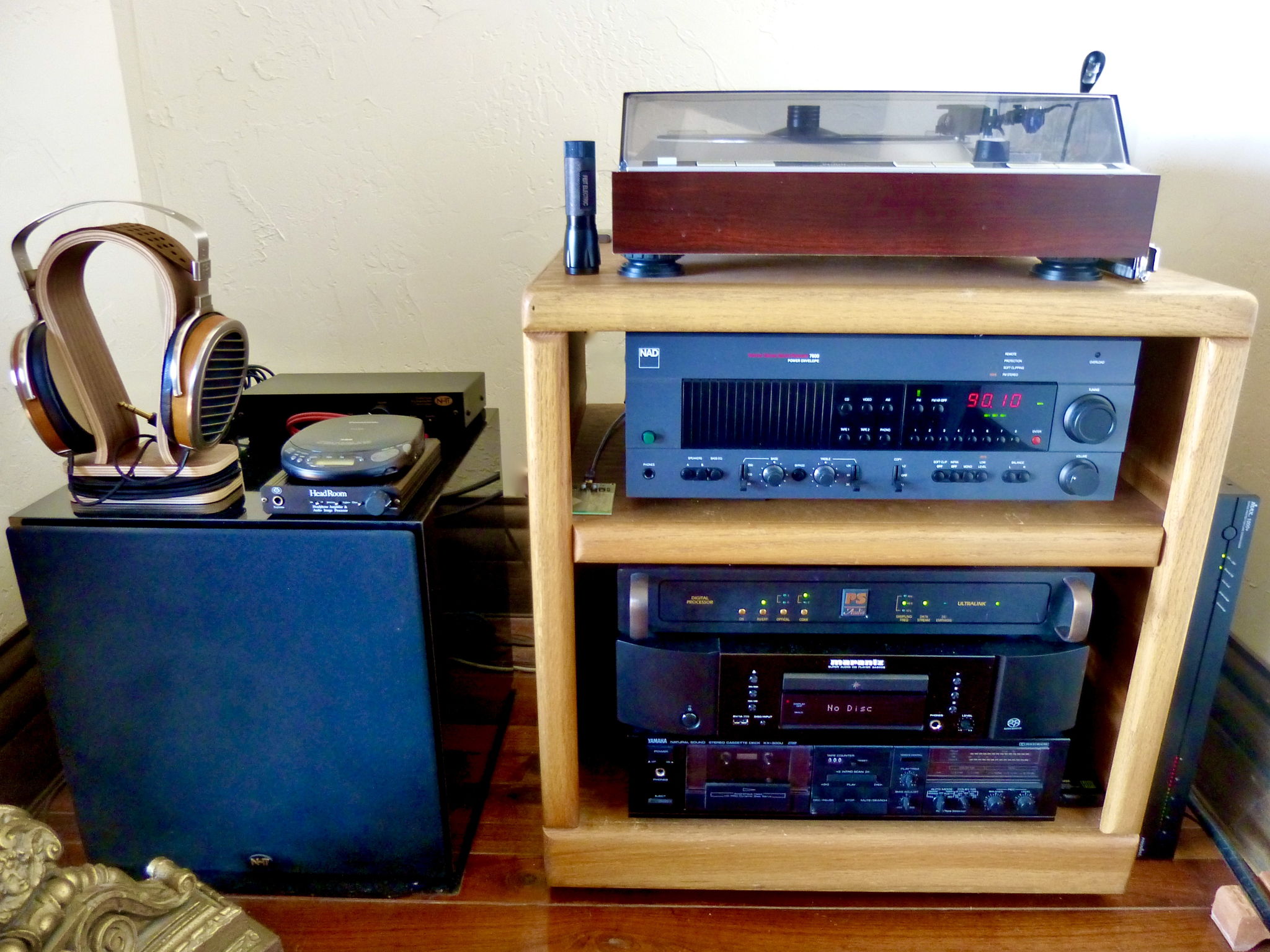 Denon DP-37F with Ortofon 2M Blue; NAD 7600; PS Audio UltraLink; Marantz SA8005; Yamaha cassette; NHT Sub-One; HiFiMan HE1000 with HeadRoom Supreme; Panamax Max 1000+ Surge Protector/Line Conditioner.