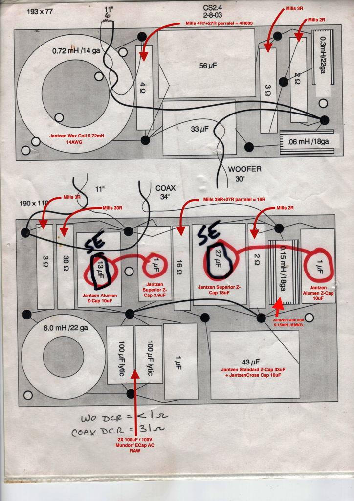 Thiel CS2.4 crossover schematics with upgrade parts listed