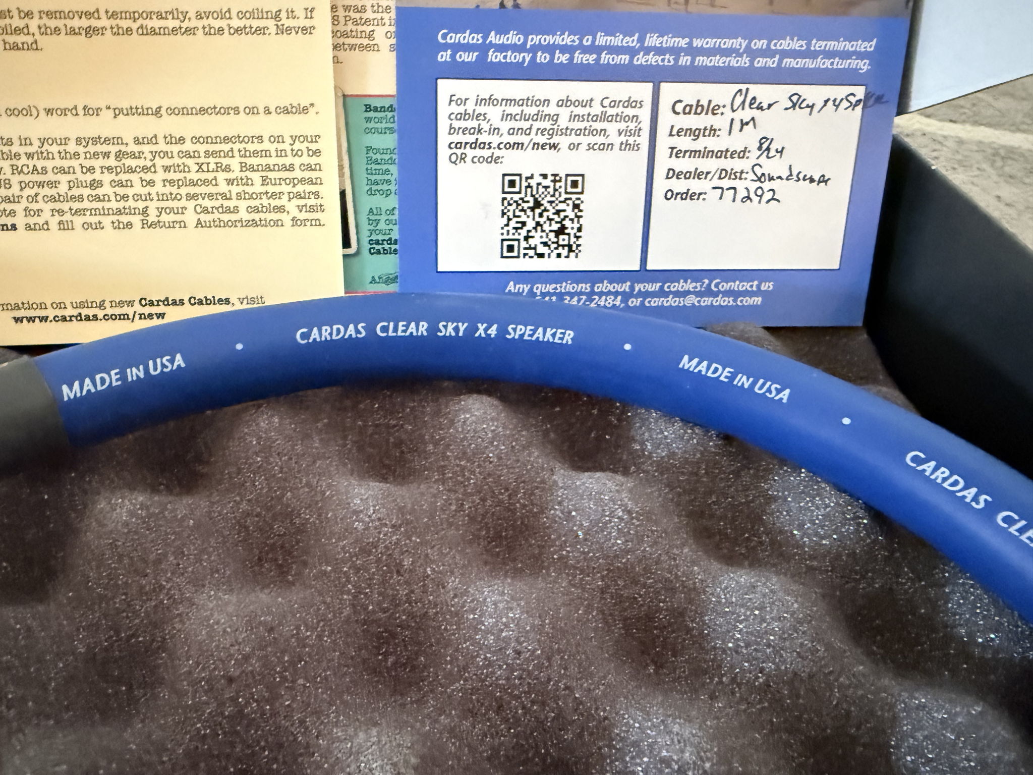 Cardas Audio Clear Sky 4x 1 Meter Single Speaker Cable.... 4