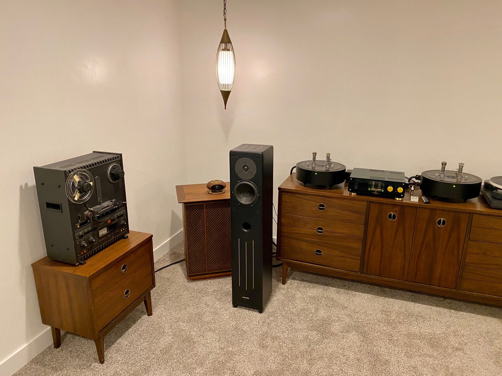 Left side of system showing the Otari reel to reel on the matching vintage end table