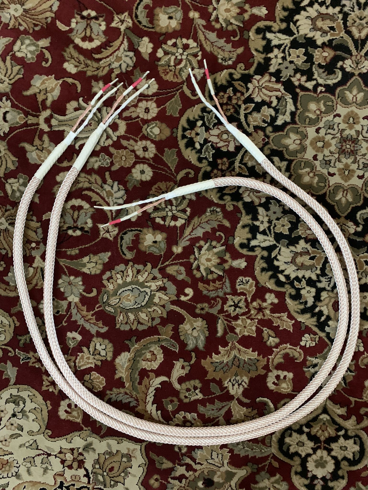 Speaker cables.  woven, cotton core, bfa connectors. 10 awg..