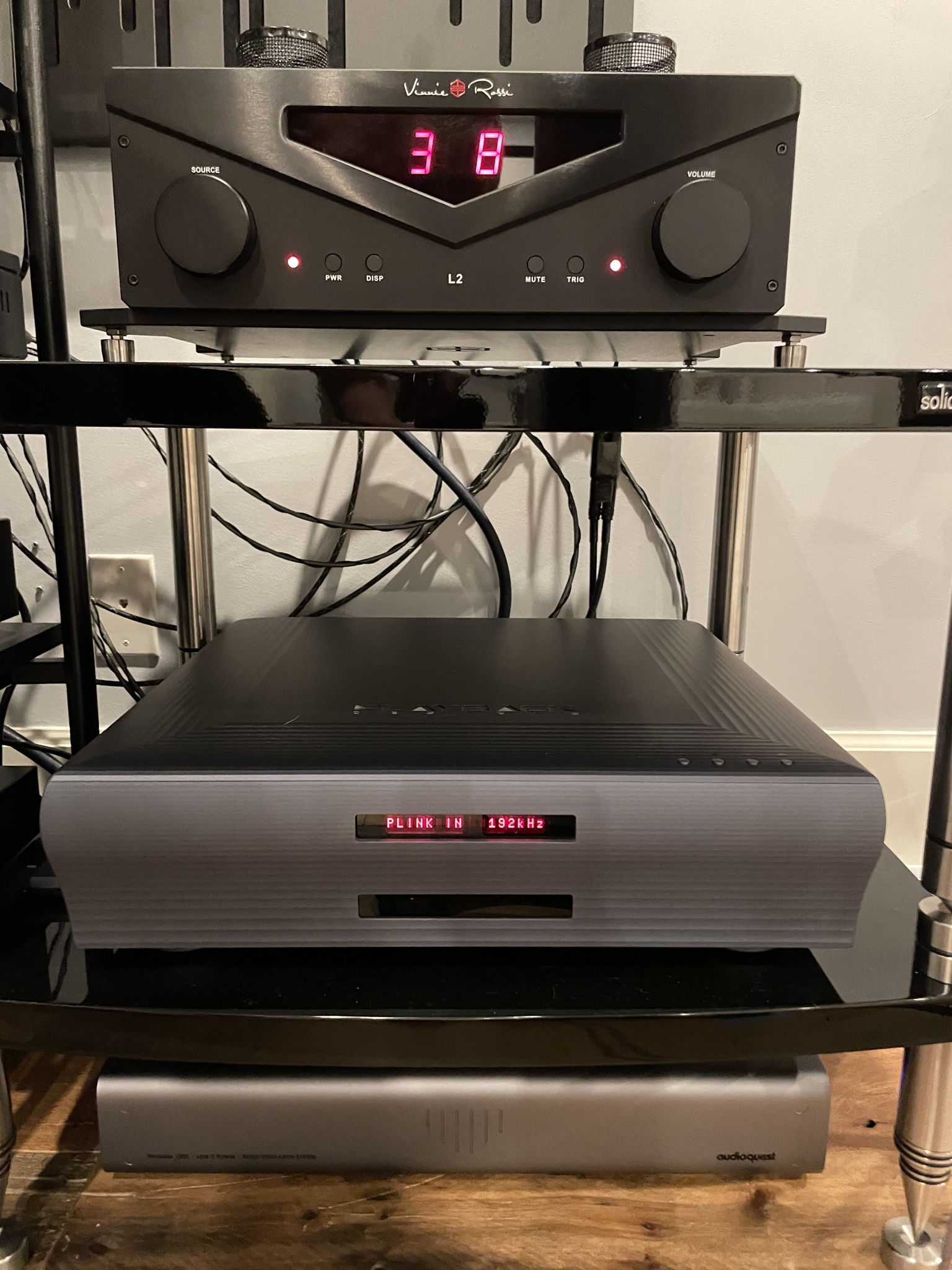 SolidSteel HF-Series rack Vinnie Rossi L2 Signature DHT preamp with Takatsuki 300Bs, Playback Designs MPD-8 DAC, Audioquest Niagara 1200 Power Conditioner, 
