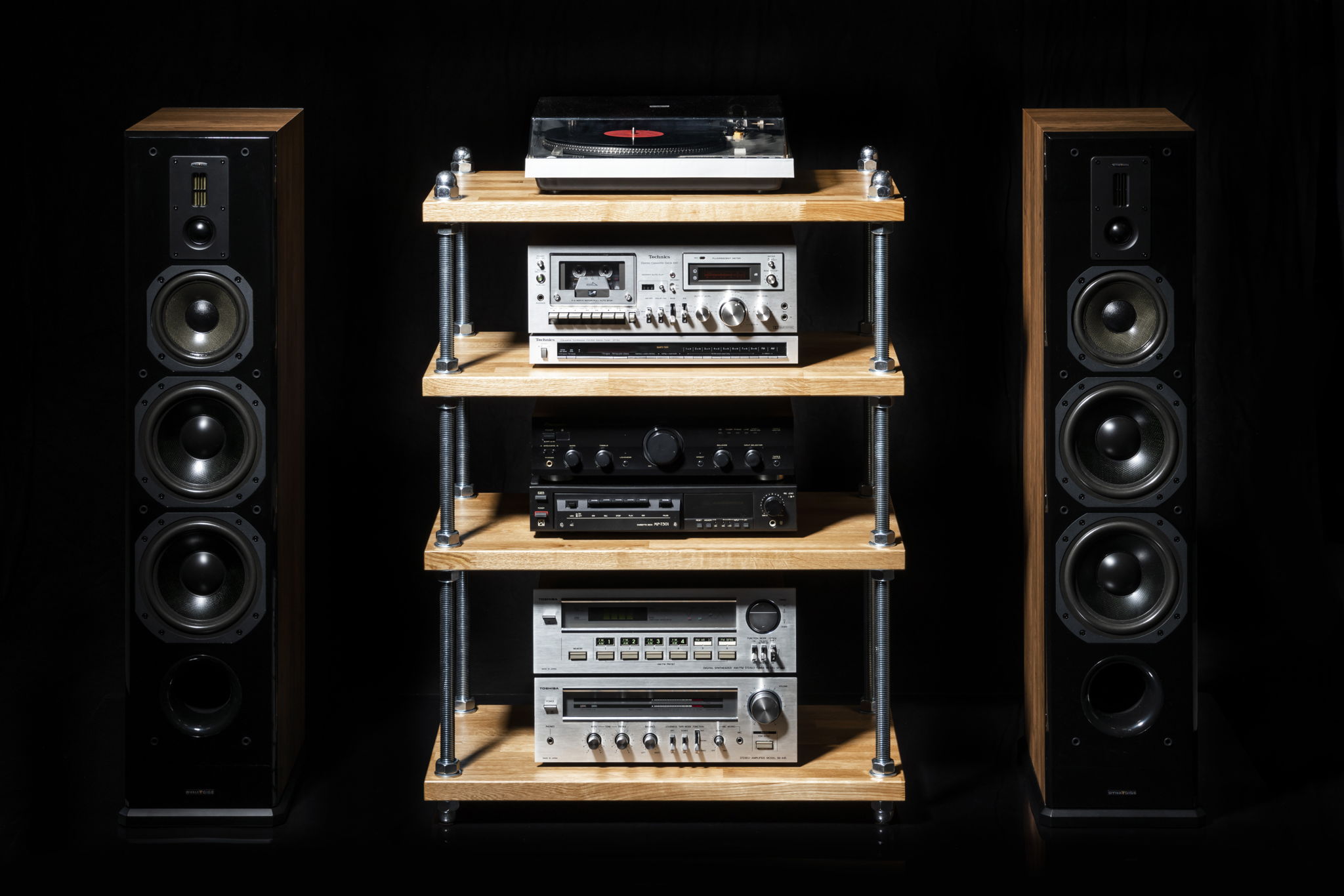 Record player stand with adjustable height oak shelves